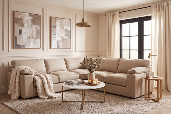 Sand Linen Corner sofa styled in a panelled living room