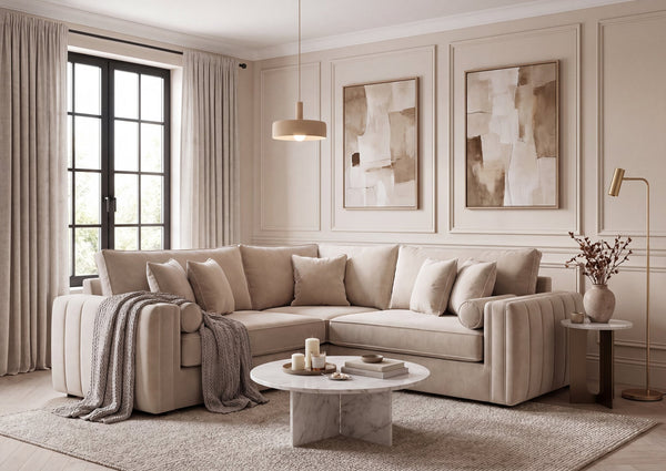 Cream Piped Corner sofa styled in a panelled living room