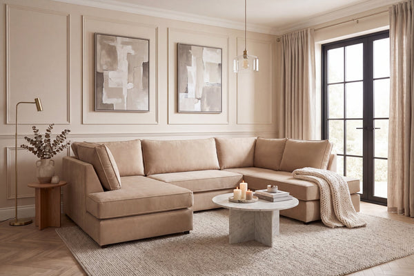 Mushroom Taupe U-Shape sofa styled in a panelled living room