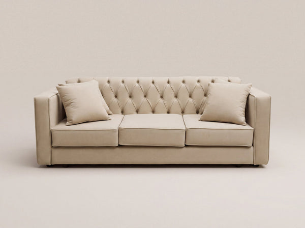 Cream Rolled Arm three-seater sofa in soft cream with a deep buttoned back, front view