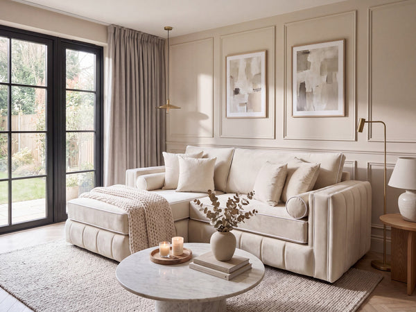 Cream White Piped sofa styled in a panelled living room with garden doors